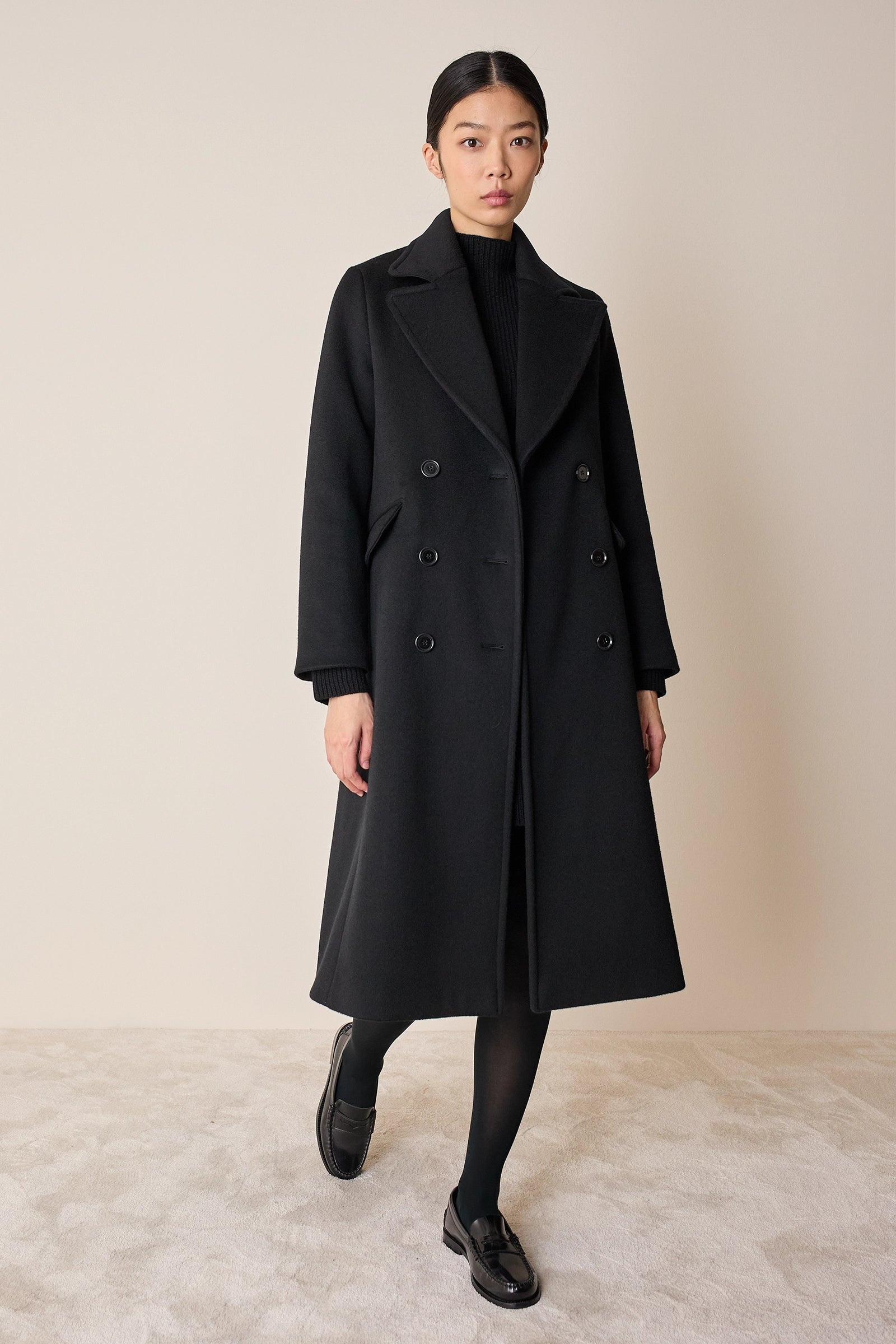 Long double-breasted wool coat