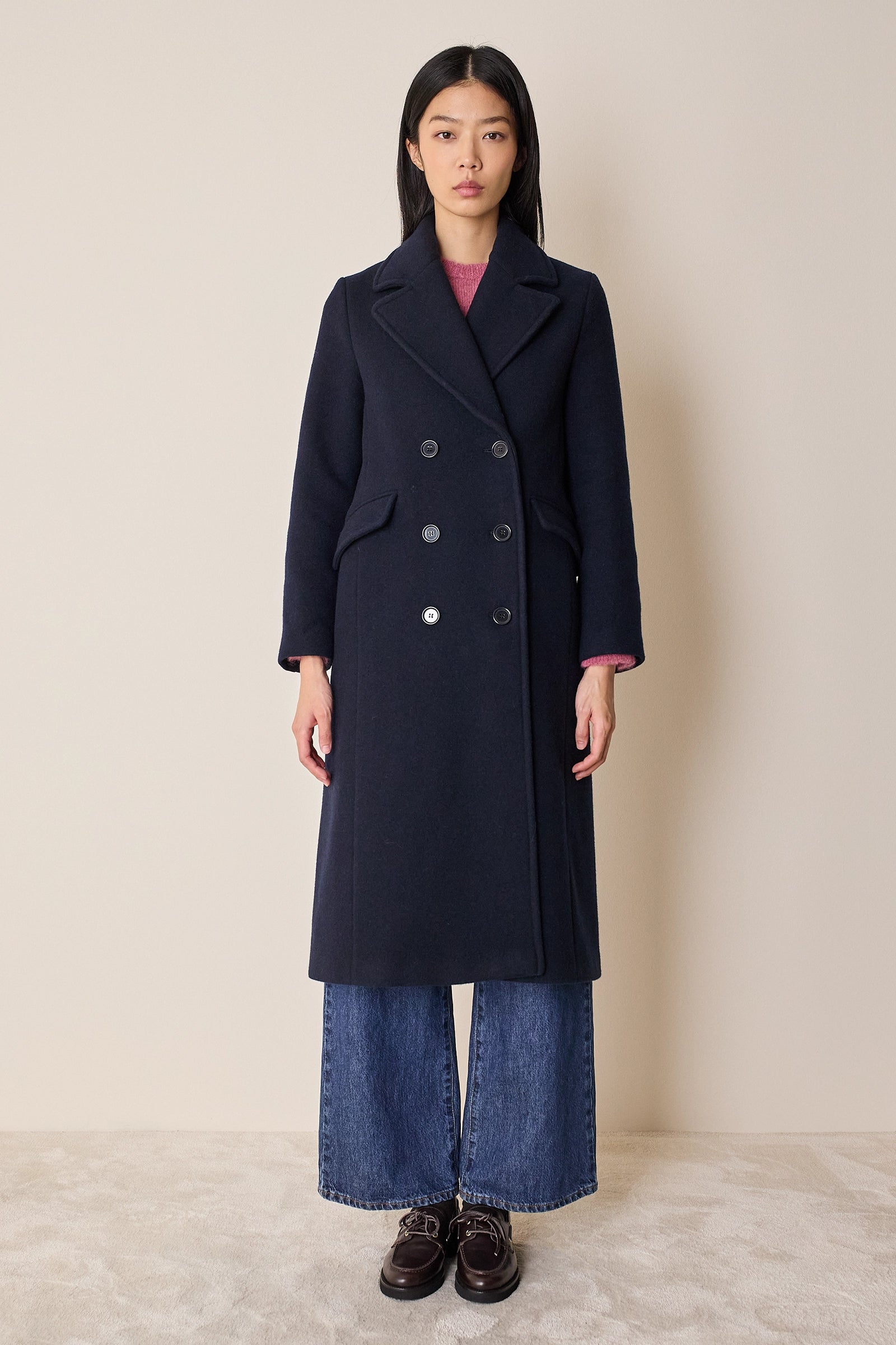 Long double-breasted wool coat