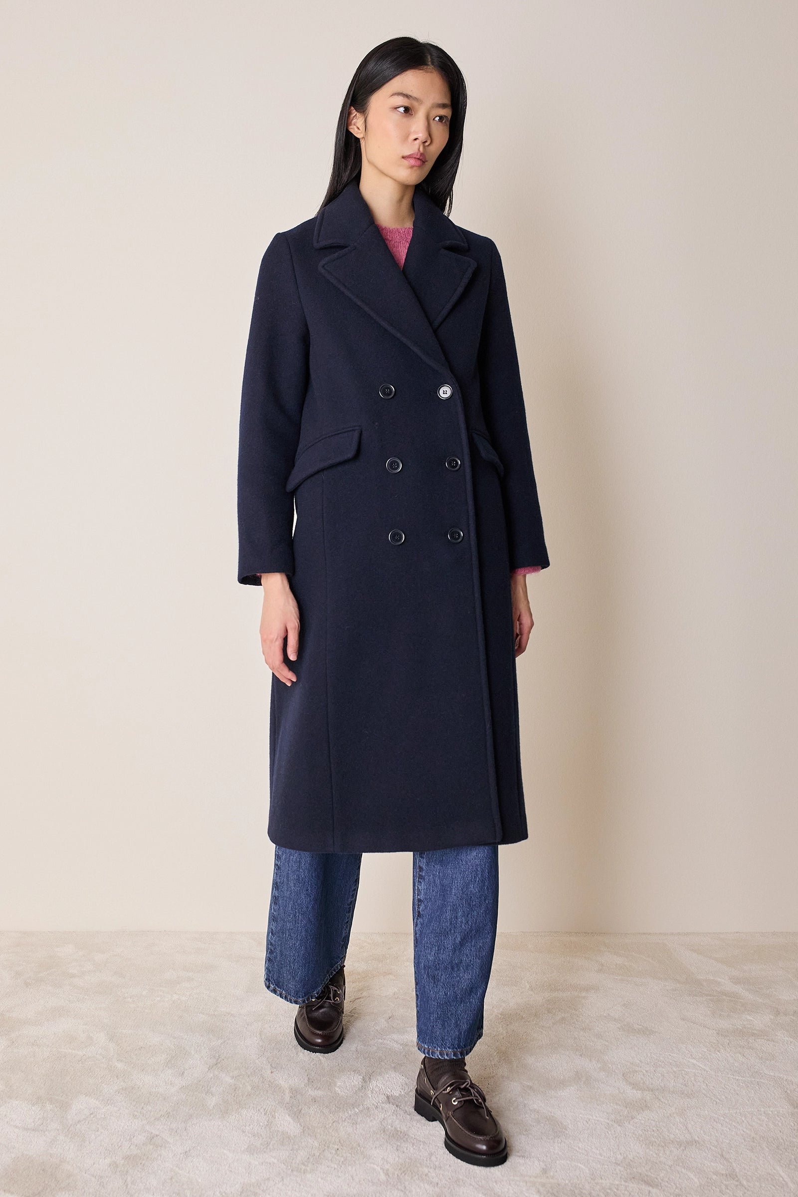 Long double-breasted wool coat