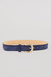 Leather belt with crescent moon buckle