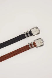 Laser printed leather belt with decorated buckle