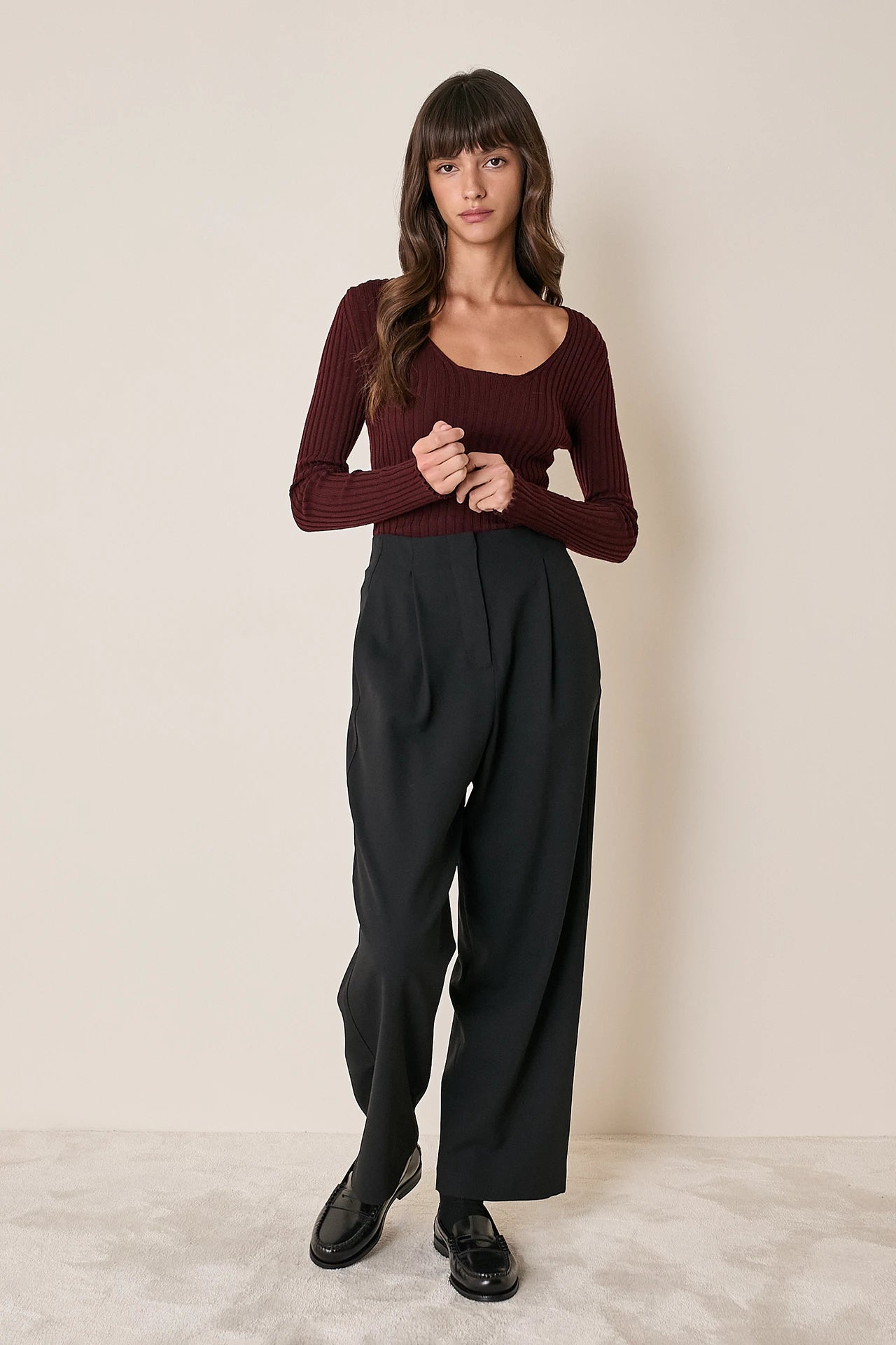 Ribbed scoop neck jumper in extra fine merino wool