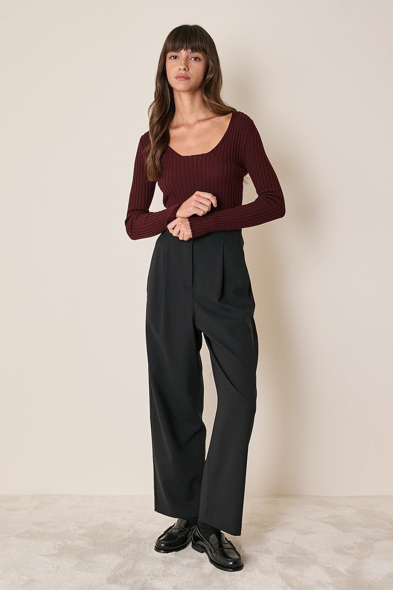 Ribbed scoop neck jumper in extra fine merino wool