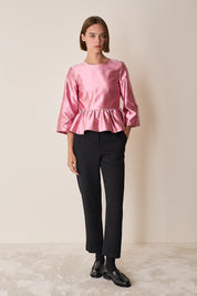 Top in seta e cotone con balza