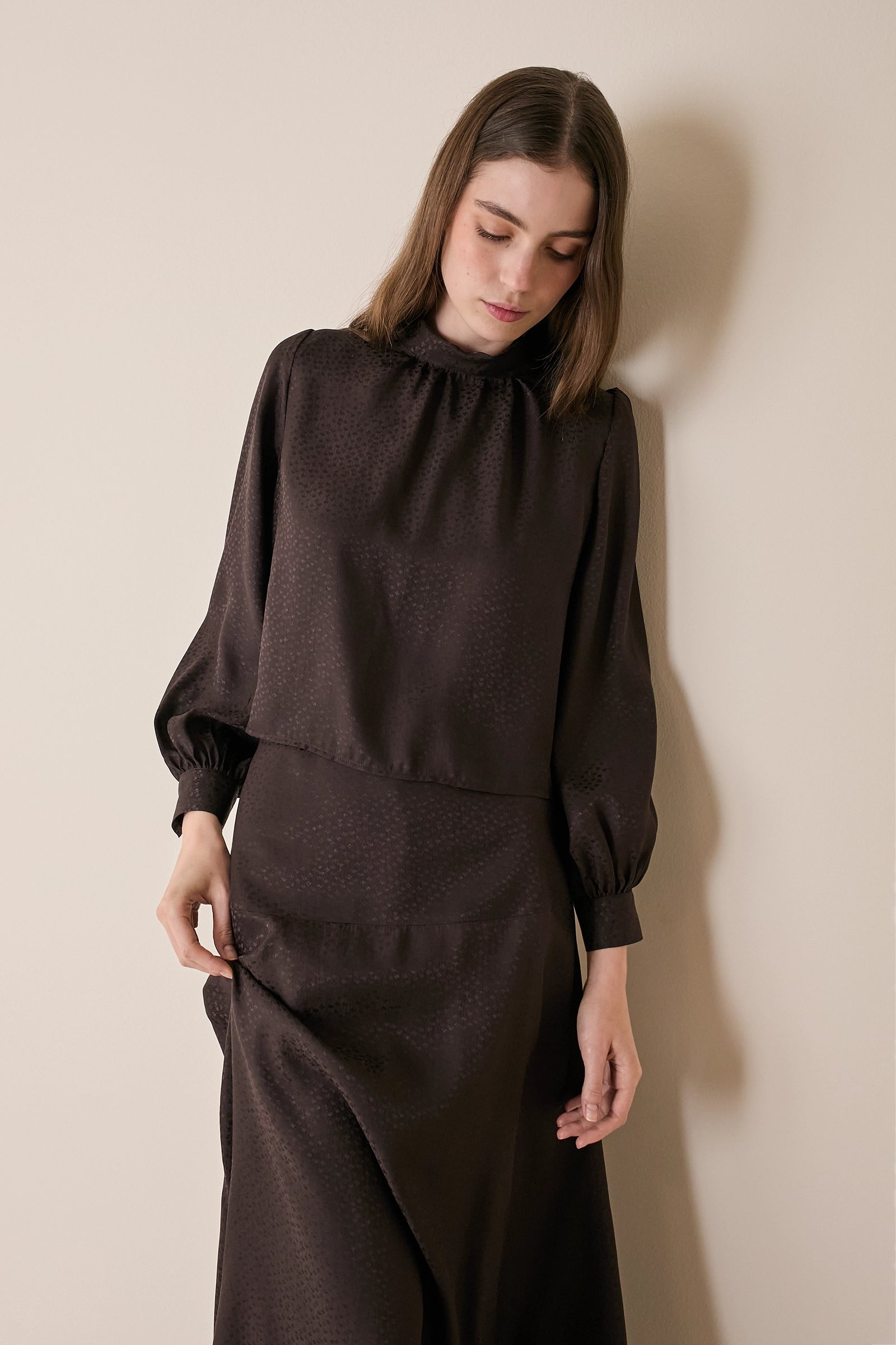 Silk-blend top with scarf-style neckline