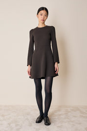 Double wool crepe short dress with fluid skirt