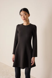 Double wool crepe short dress with fluid skirt