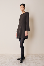 Double wool crepe short dress with fluid skirt