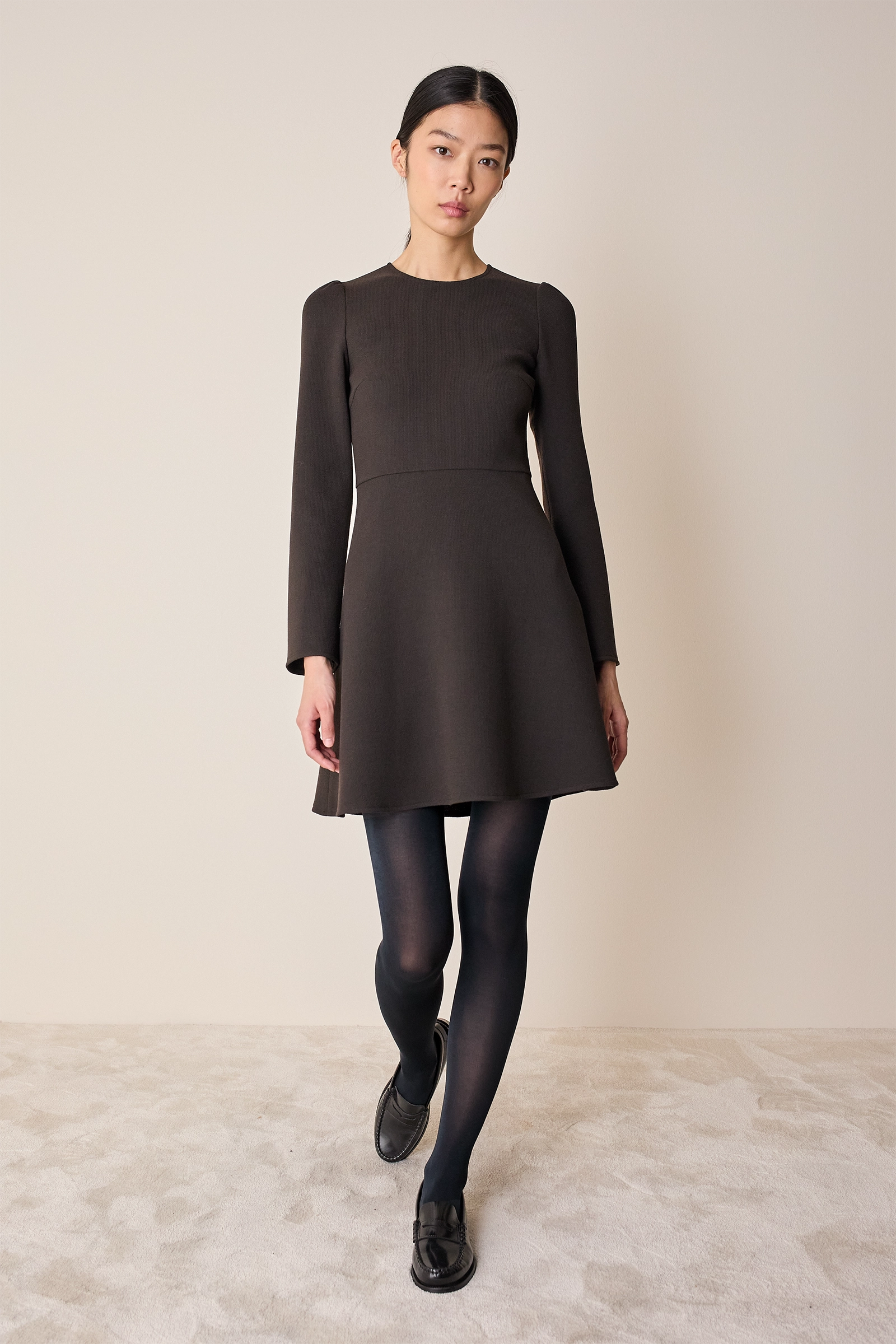 Double wool crepe short dress with fluid skirt