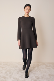 Double wool crepe short dress with fluid skirt