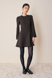 Double wool crepe short dress with fluid skirt