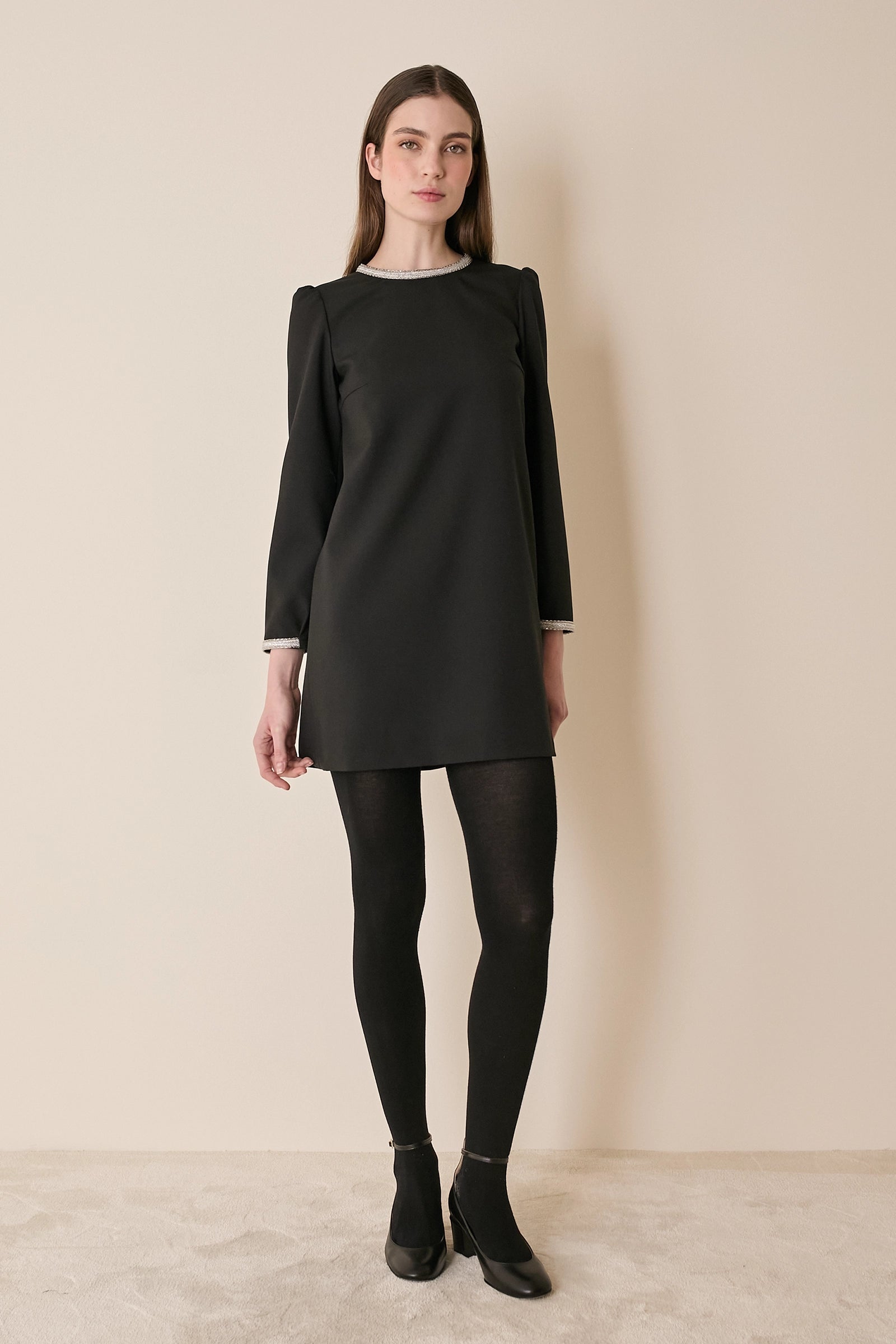 Wool dress with metallic trim