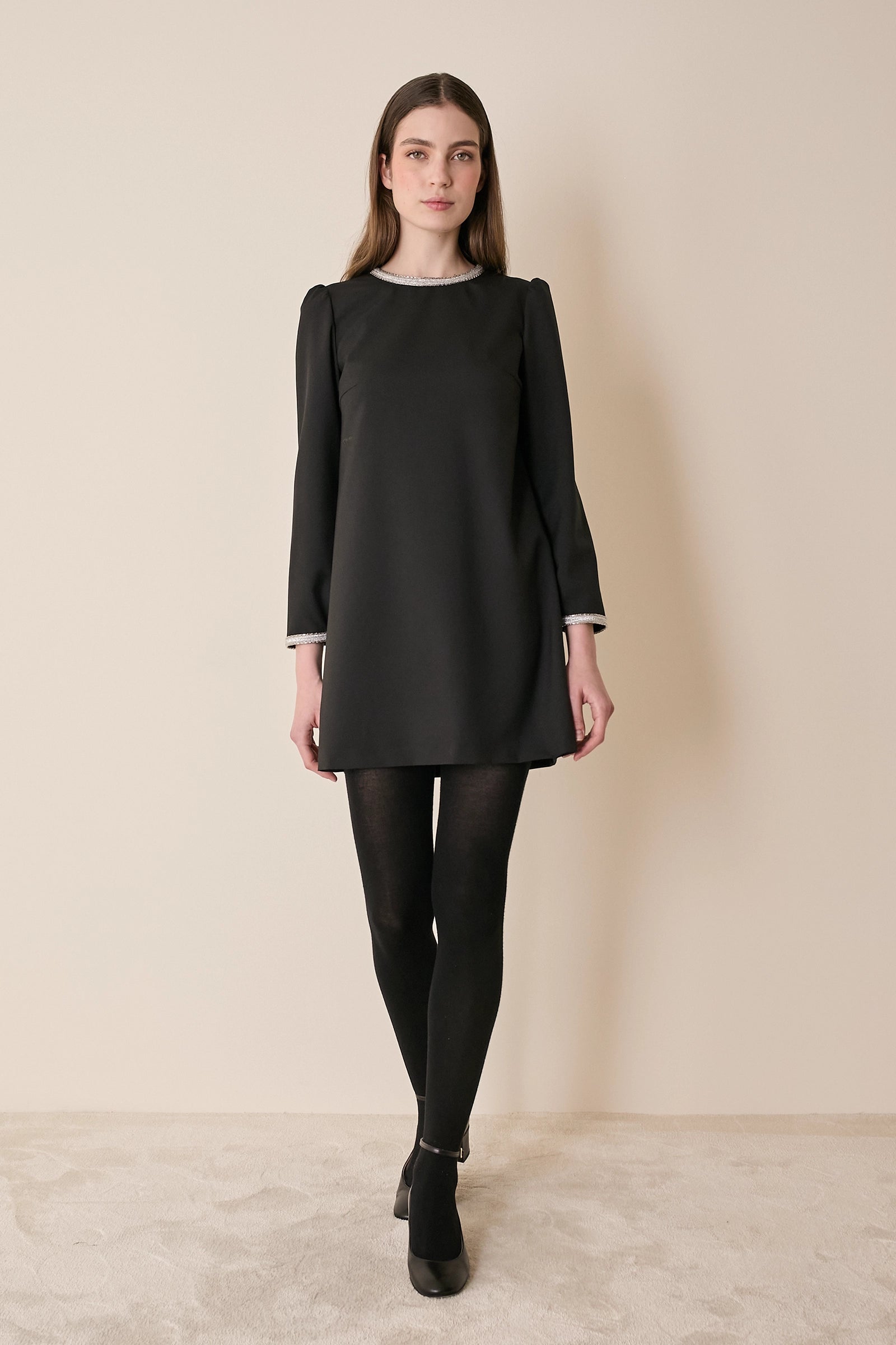 Wool dress with metallic trim