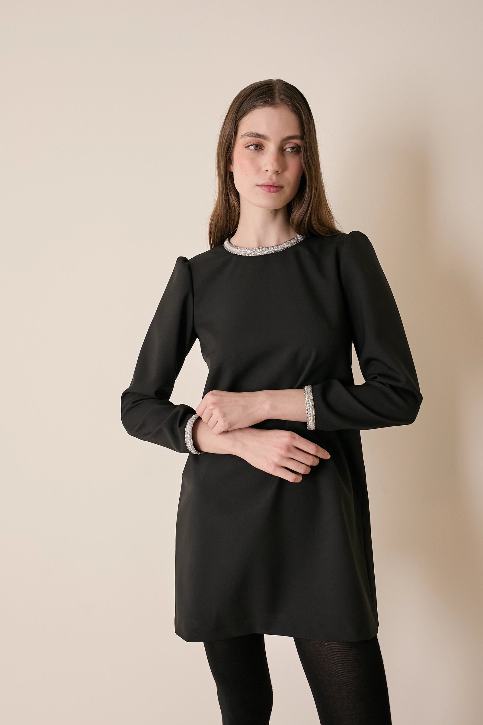 Wool dress with metallic trim