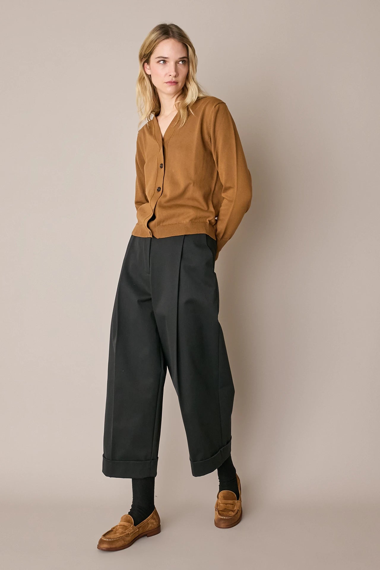Cotton-blend wide-leg trousers
