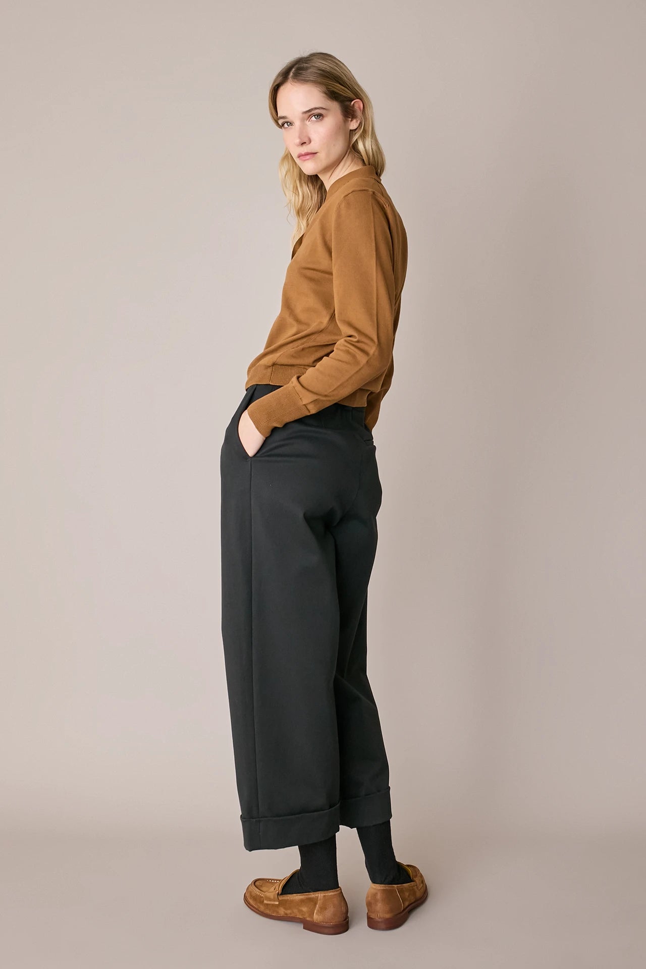Cotton-blend wide-leg trousers