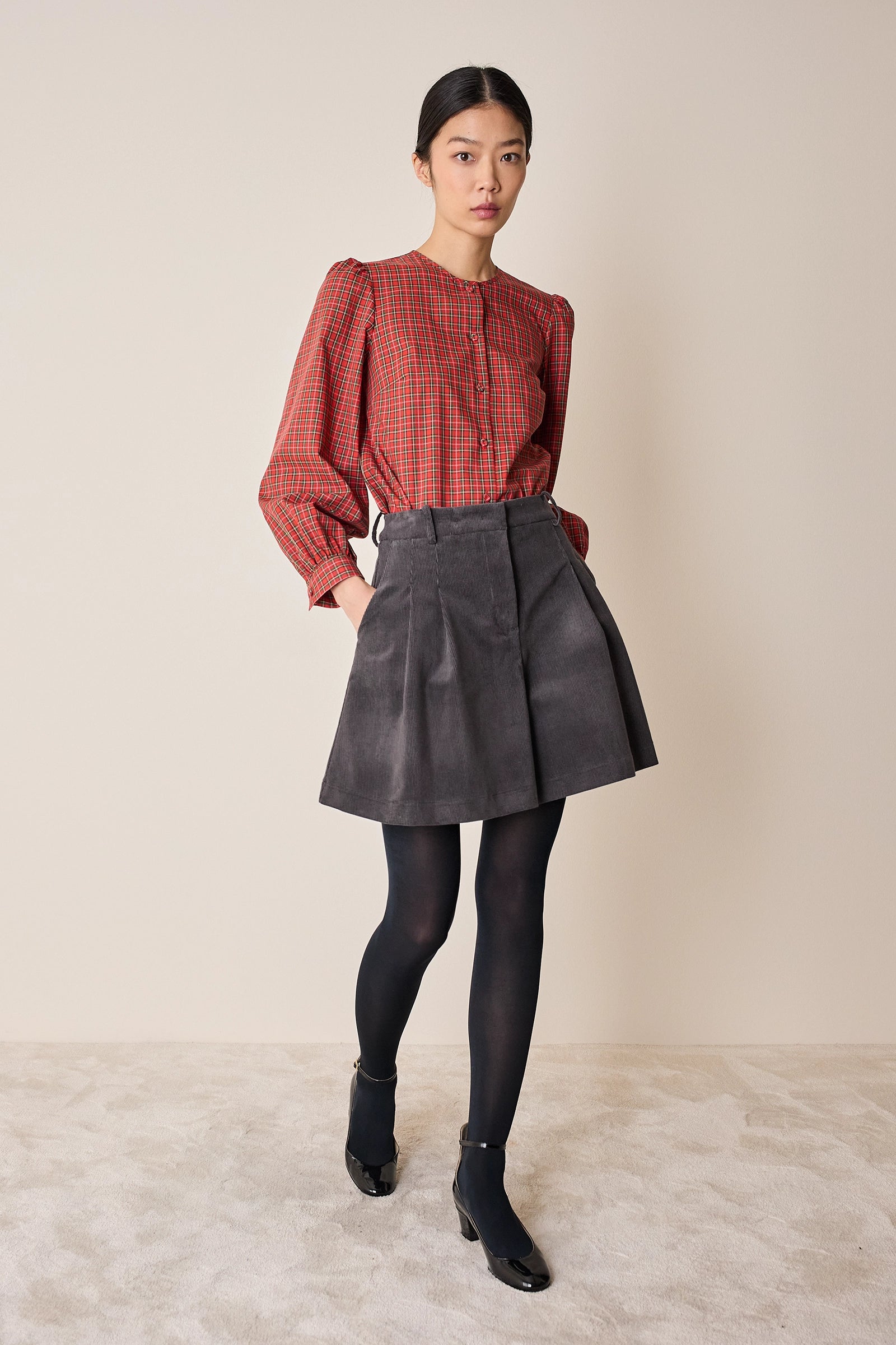 Corduroy A-line shorts with front pleats