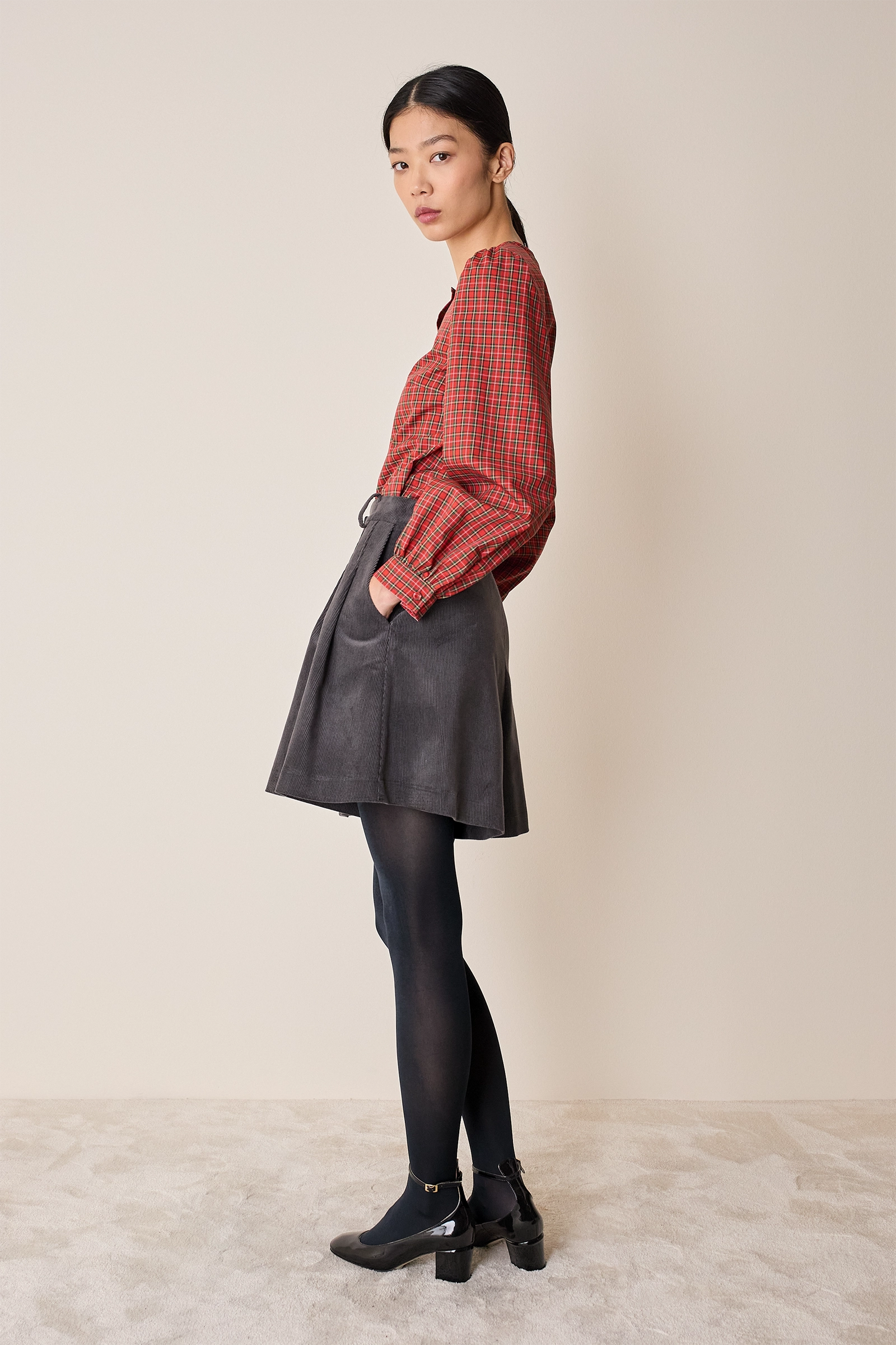 Corduroy A-line shorts with front pleats