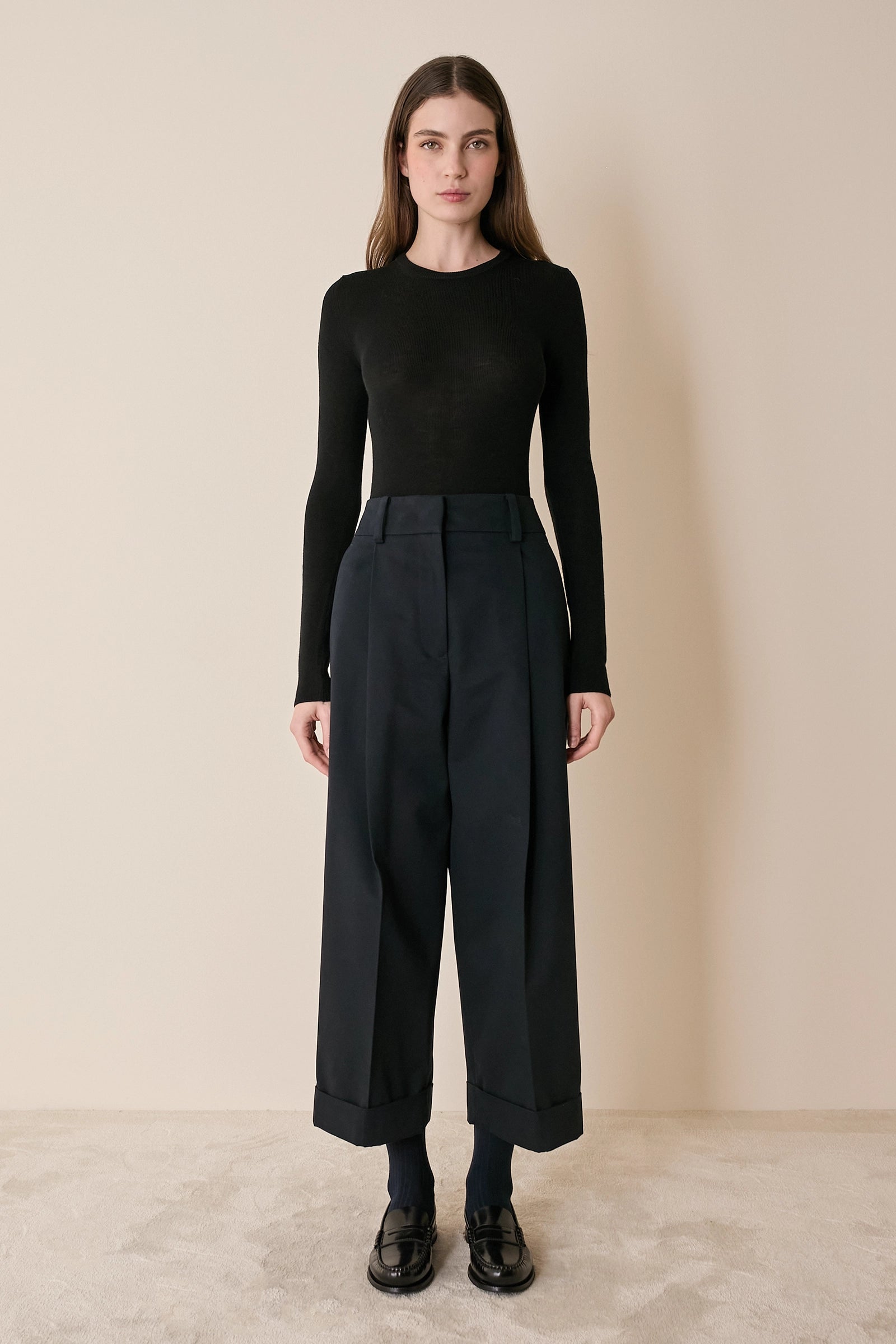 Cotton wide-leg trousers with stitched cuffs
