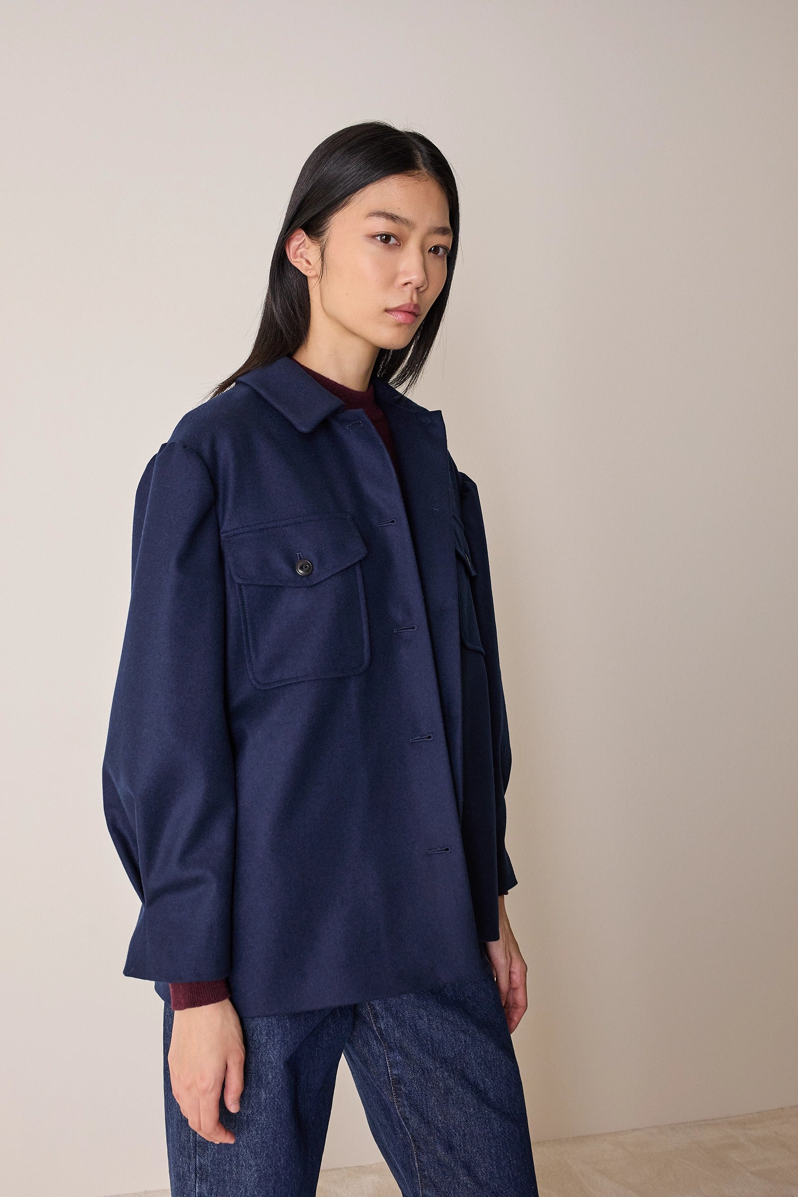 Wool jacket with balloon sleeves.