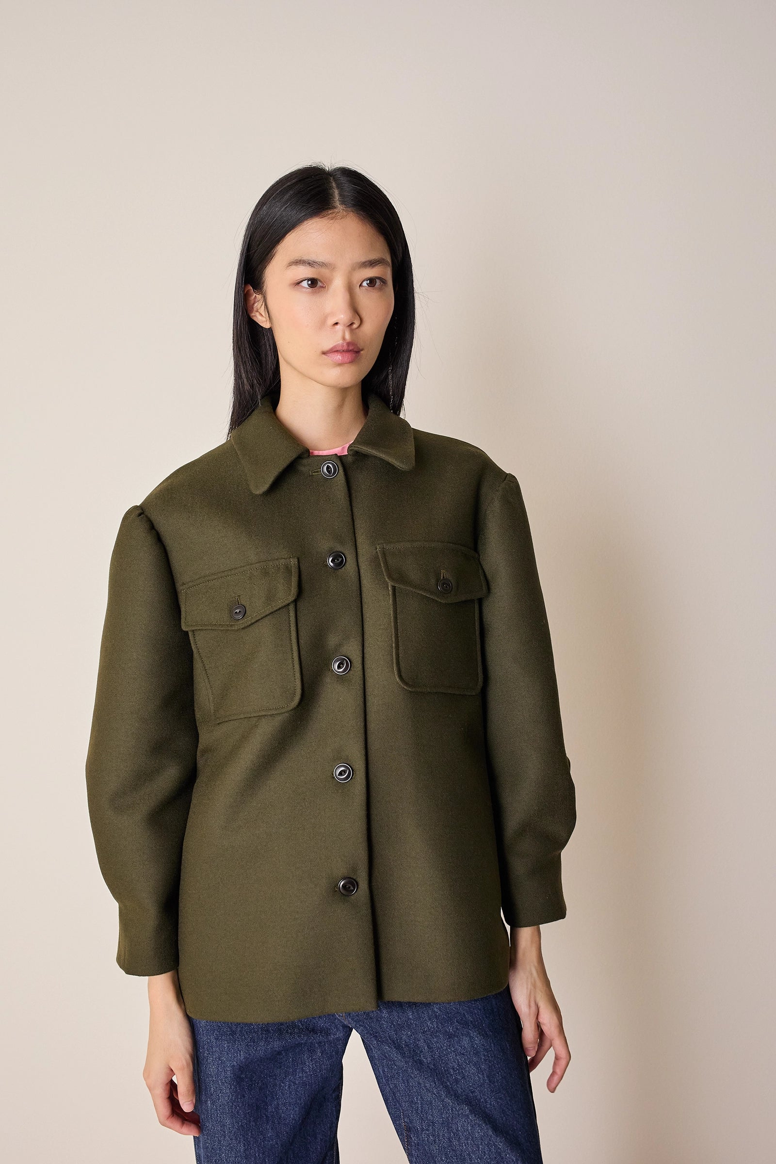 Wool jacket with balloon sleeves.