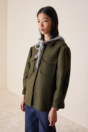 Wool jacket with balloon sleeves.