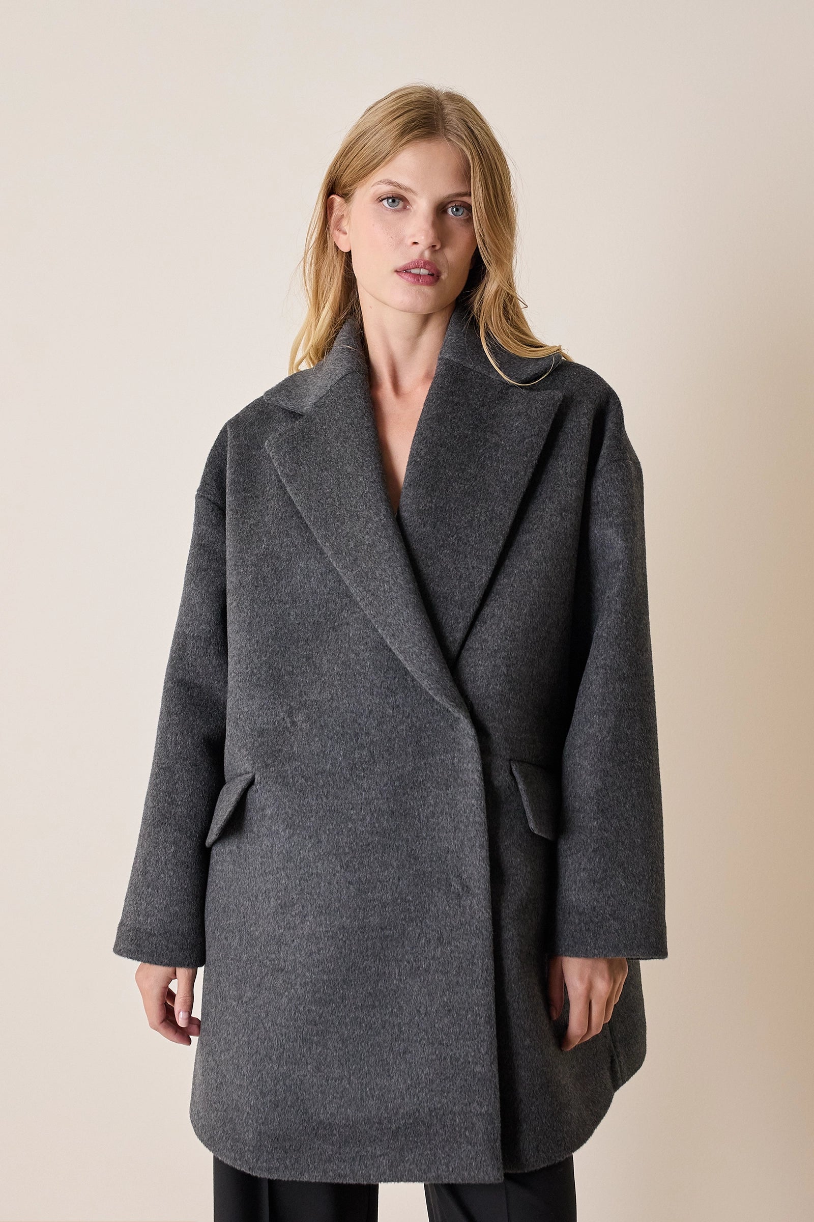 Double-breasted wool and angora coat
