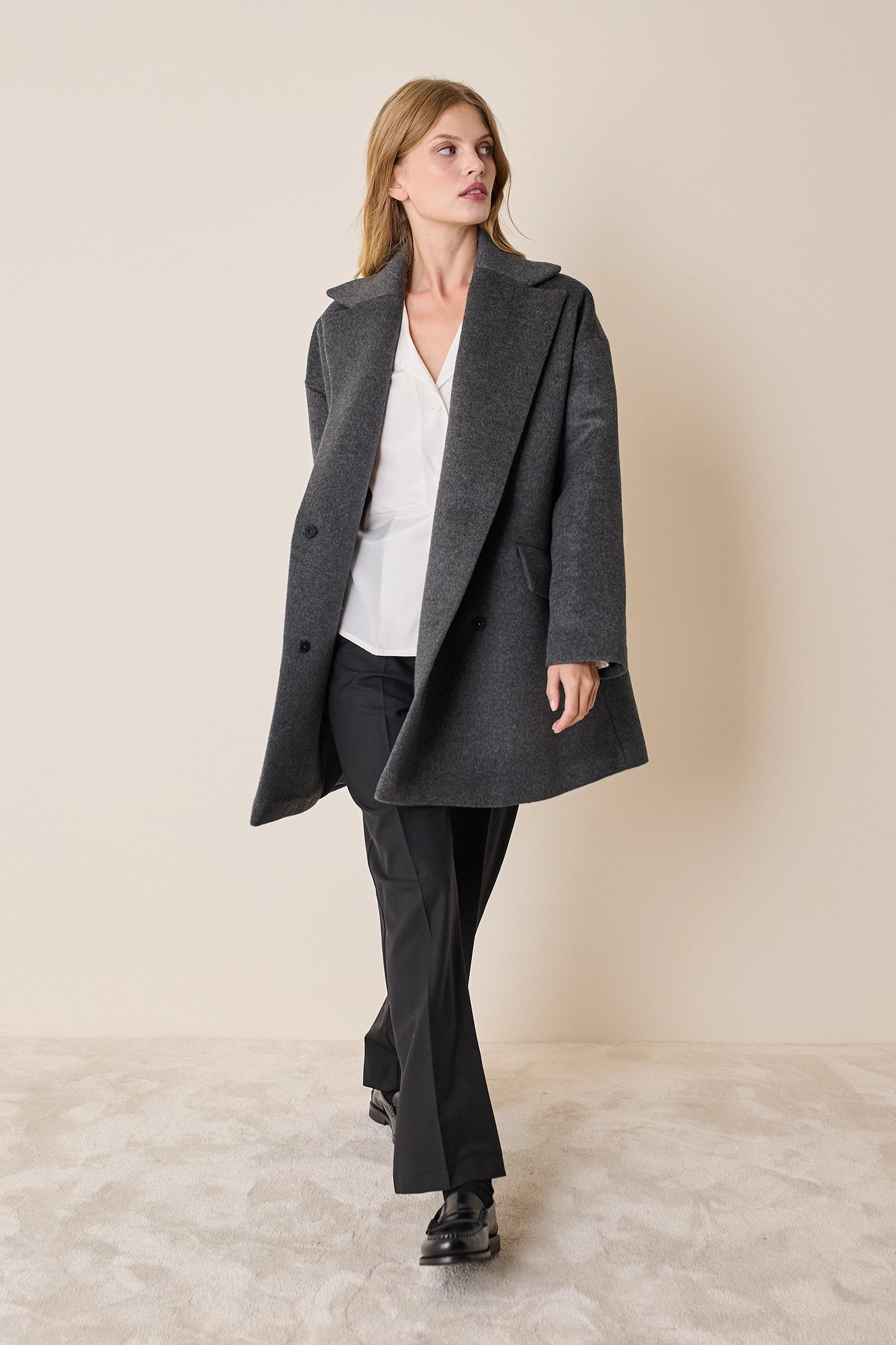 Double-breasted wool and angora coat