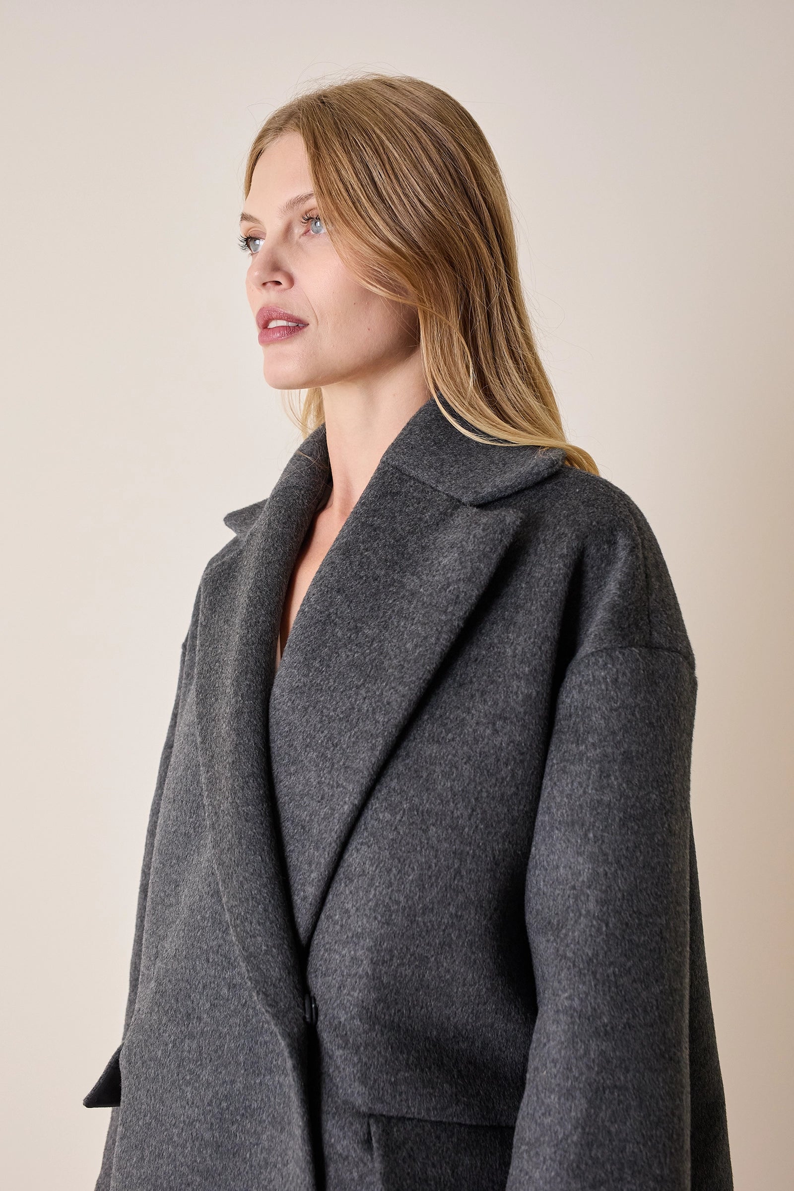 Double-breasted wool and angora coat