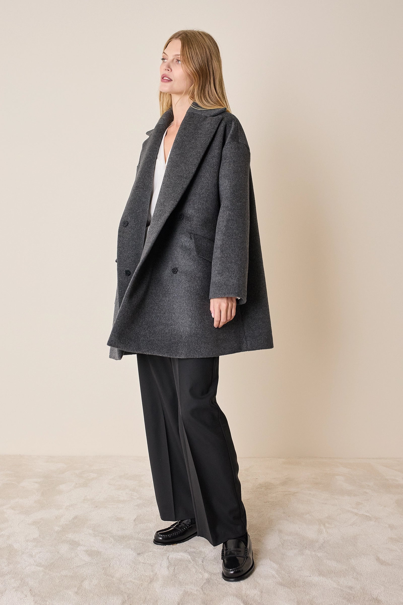 Double-breasted wool and angora coat