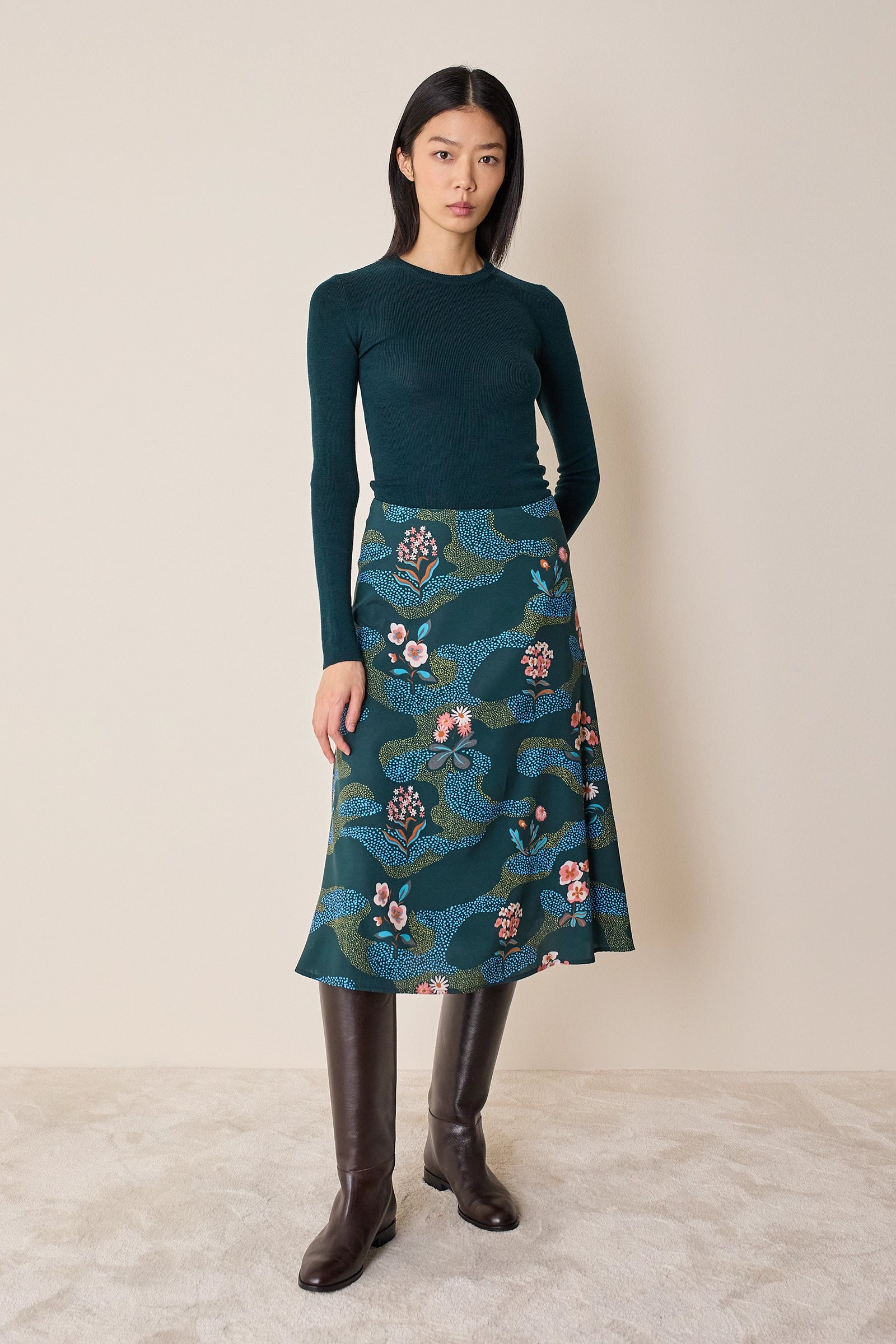 Stretch silk floral skirt