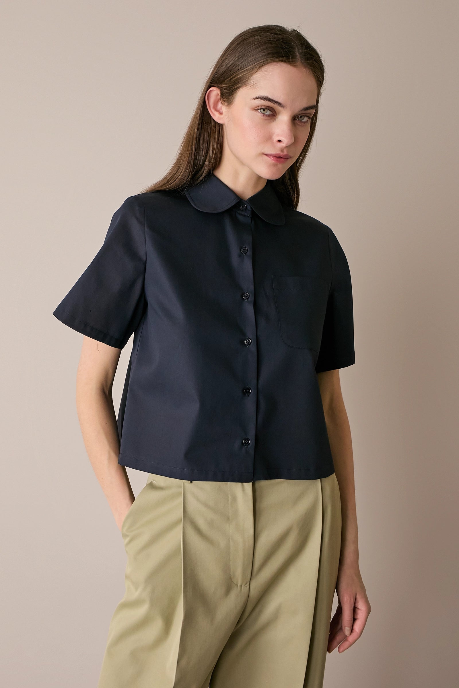 Boxy cotton shirt with round collar – lazzarionline