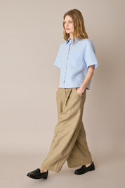 Camicia boxy in lino con colletto stondato