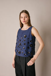 Top in denim con ricami paillettes