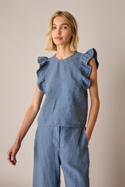 Linen ruffle sleeve top