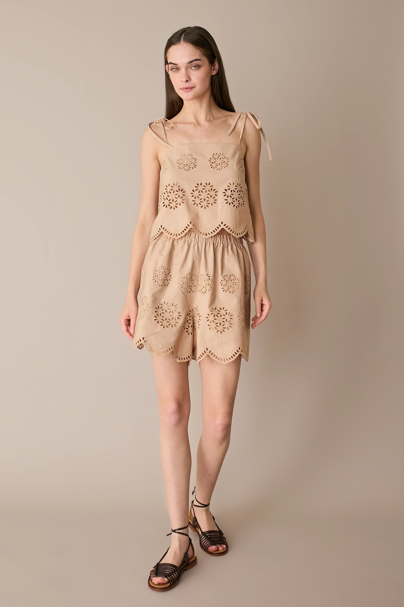 Cut-out embroidered top with adjustable straps