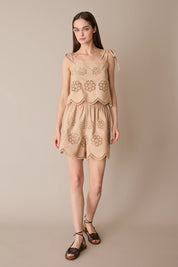 Cut-out embroidered top with adjustable straps