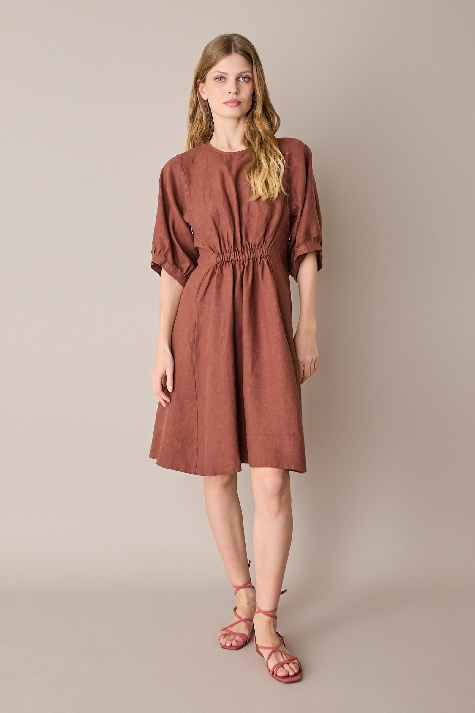 gathered linen dress Loose Fit Gathered Linen Dress Pavietra
