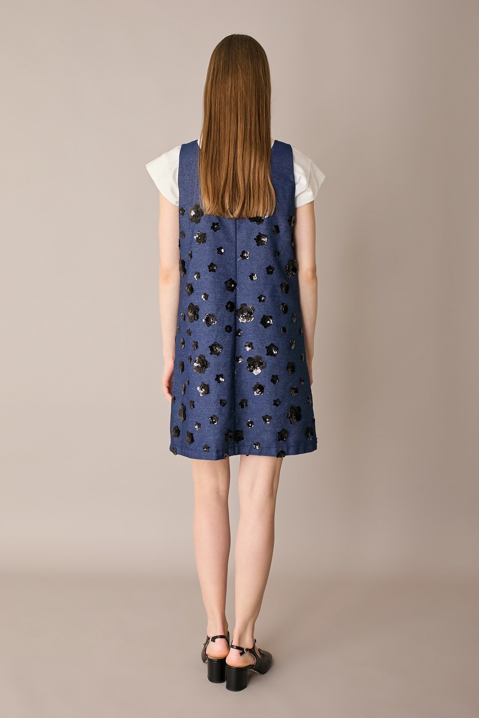 Denim dress with sequin flowers