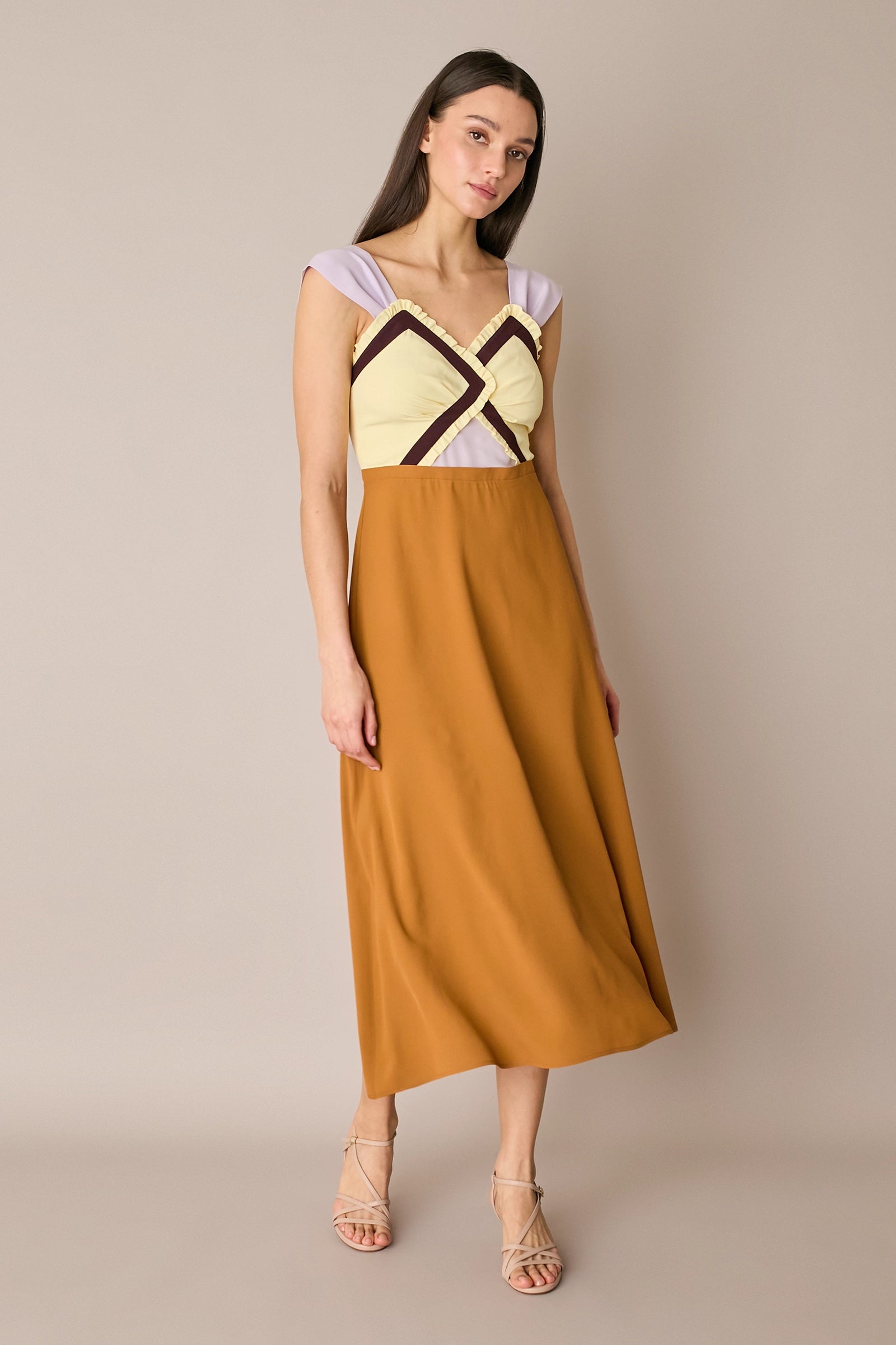 Long silk dress with multicolor top