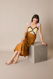 Long silk dress with multicolor top