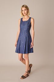 Abito effetto denim con fiori ricamati