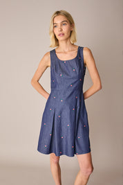 Abito effetto denim con fiori ricamati