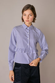 camicia con volant, mezza abbottonatura frontale, righe bianco e blu