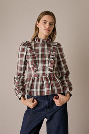 Camicia in seta tartan con rouches tartan verde con maniche a sbuffo