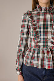 Camicia in seta tartan con rouches tartan verde, in seta, colletto con volant