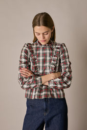 Camicia in seta tartan con rouches tartan verde, rouches