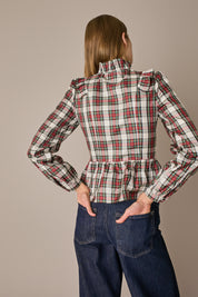Camicia in seta tartan con rouches tartan verde, ruches e side button fastening