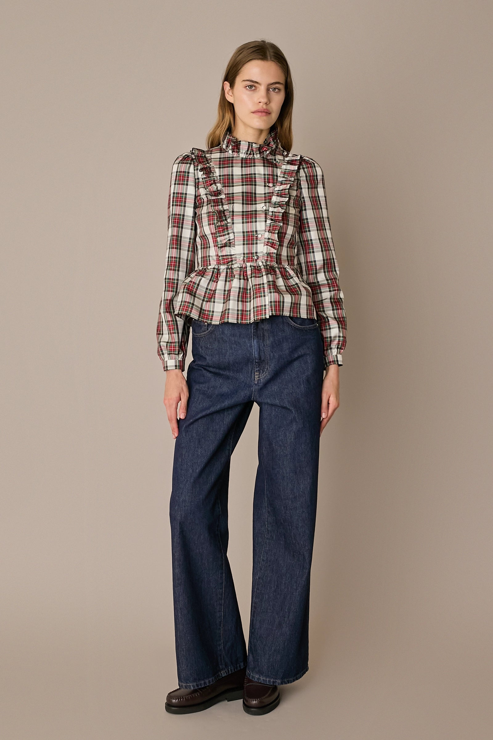 Camicia in seta tartan con rouches tartan verde, vestibilità regolare