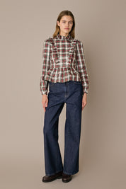 Camicia in seta tartan con rouches tartan verde, vestibilità regolare